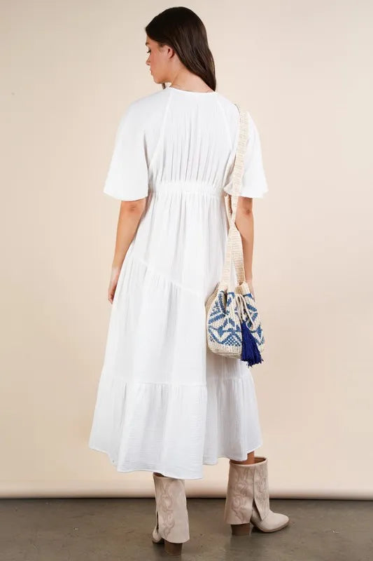 VERY J Mineral Washed Elastic Neck Detail Midi Dress OutfitFlow