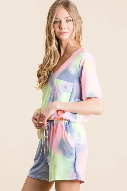 BiBi Tie Dye Casual Shorts with Twill Tape Drawstring OutfitFlow