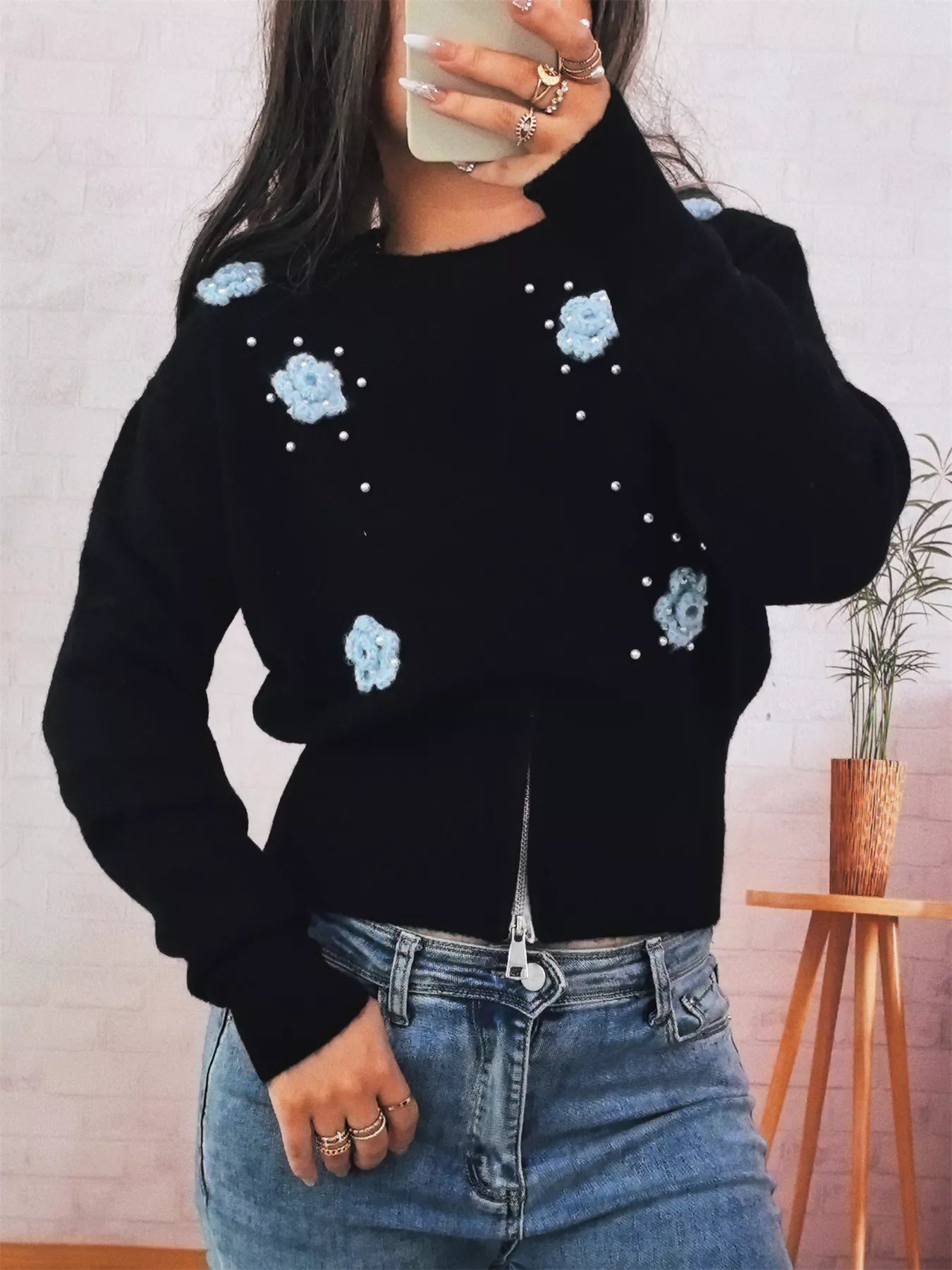 Flower Pearl Detail Ribbed Hem Sweater OutfitFlow