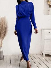 Ruched Turtleneck Long Sleeve Dress Royal Blue OutfitFlow
