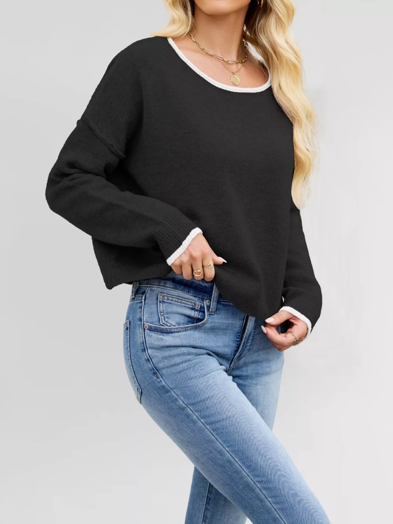 Round Neck Dropped Shoulder Sweater OutfitFlow