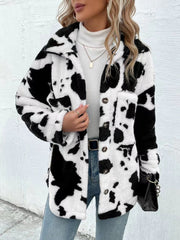 Outfit Flow - Cow Print Collared Neck Button Up Fuzzy Jacket