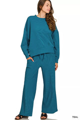 Zenana Ribbed Round Neck Pullover and Drawstring Pants Set OutfitFlow