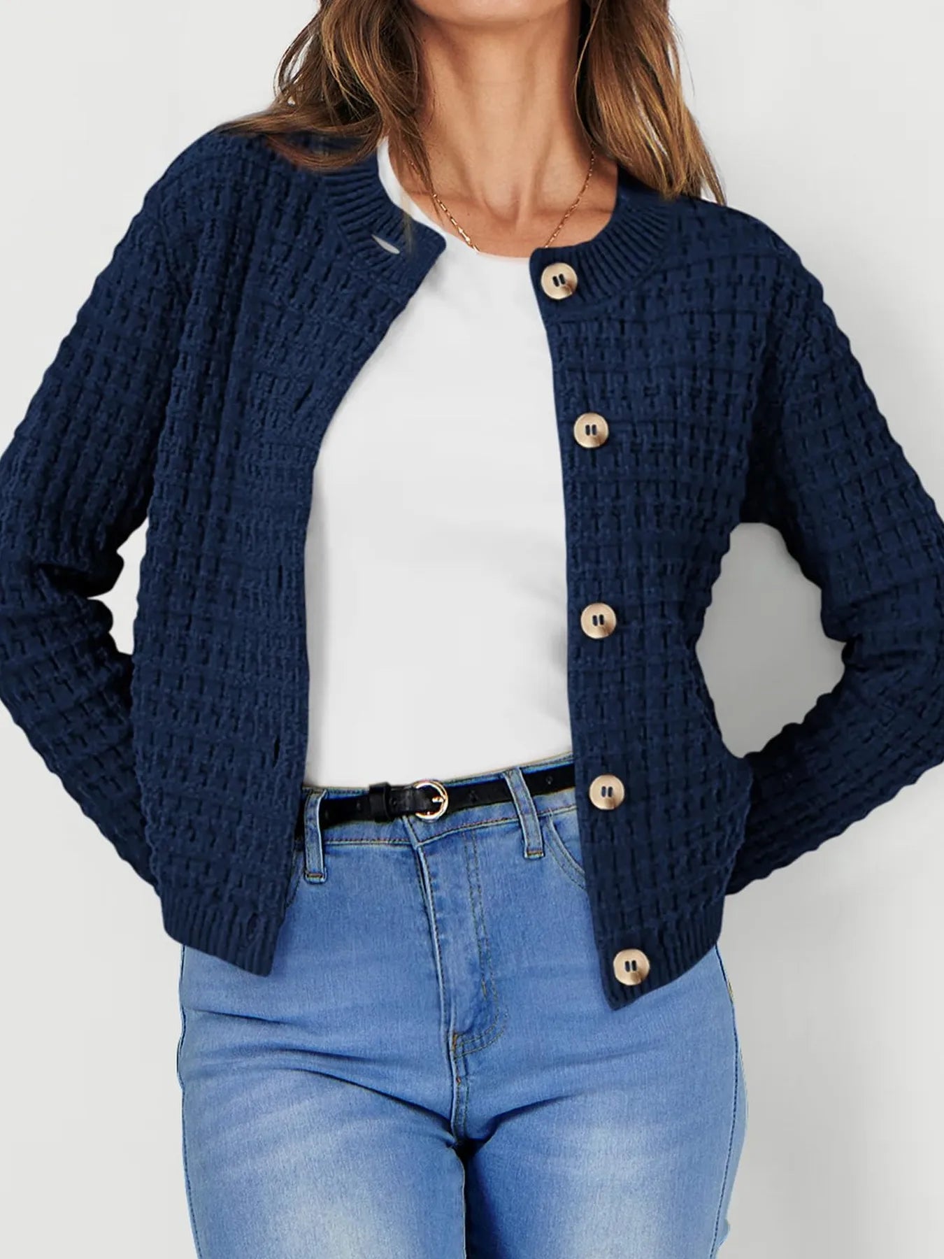Textured Knit Button-Front Cardigan OutfitFlow