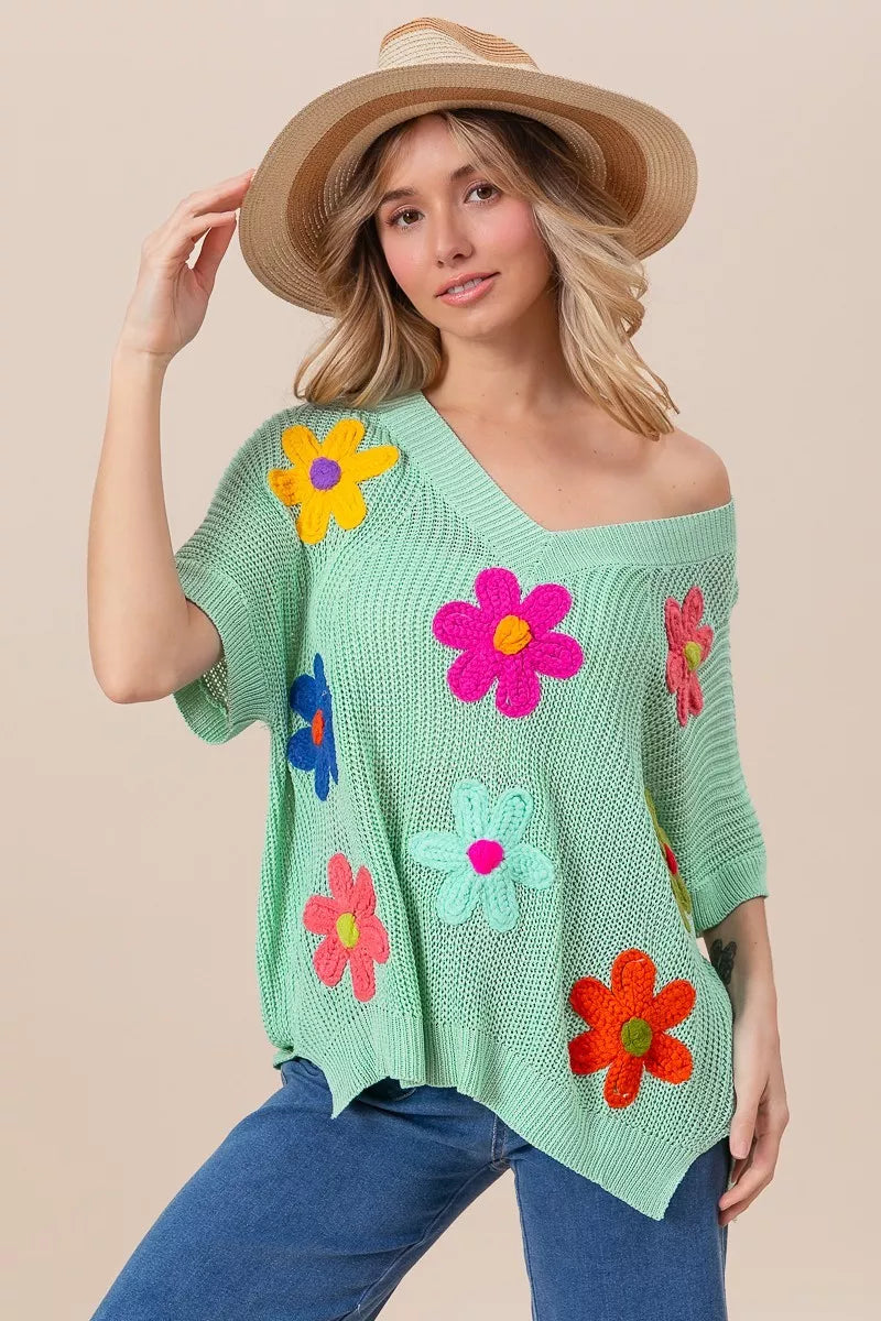 BiBi Flower Patches Dolman Sleeve Lightweight Sweater Trendsi