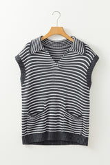 Outfit Flow - Pocketed Striped Johnny Collar Sweater Vest