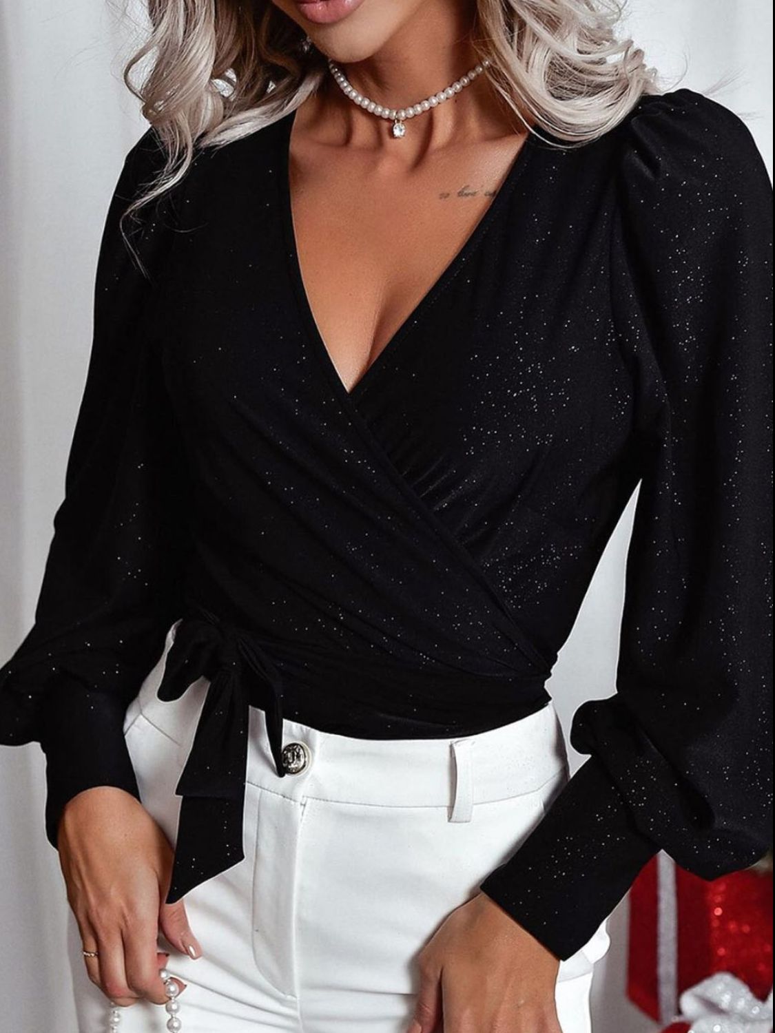 Outfit Flow - Glitter Surplice Long Sleeve Blouse