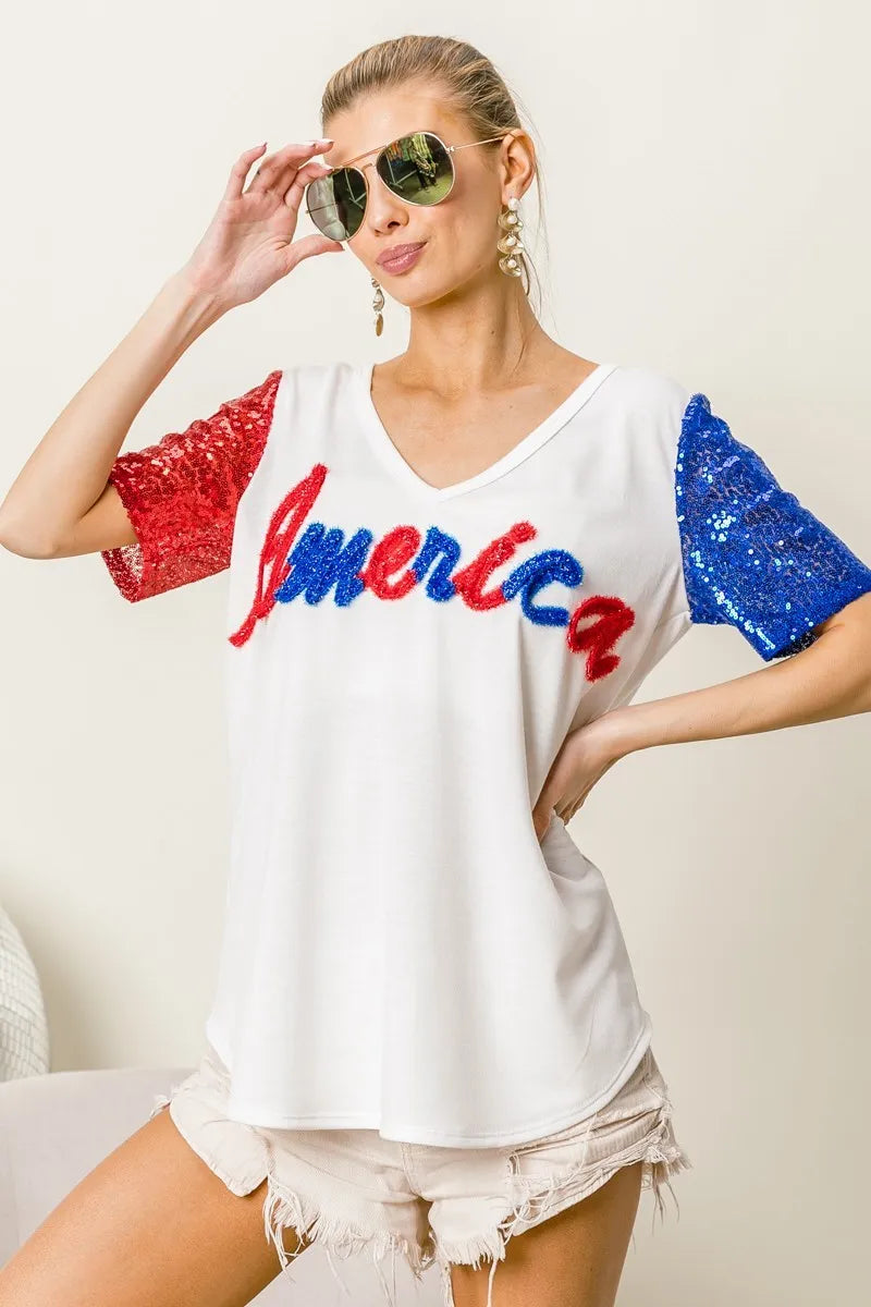 BiBi Metallic Letter V-neck Sequin Sleeves Top OutfitFlow