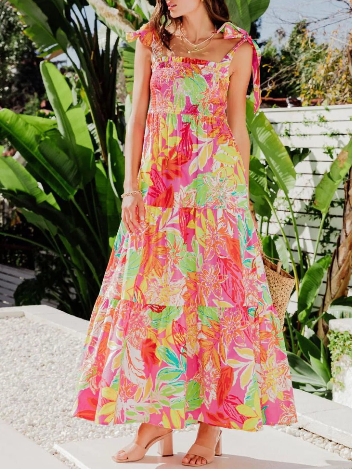 Tropical Print Tie Shoulder Maxi Dress Red OutfitFlow