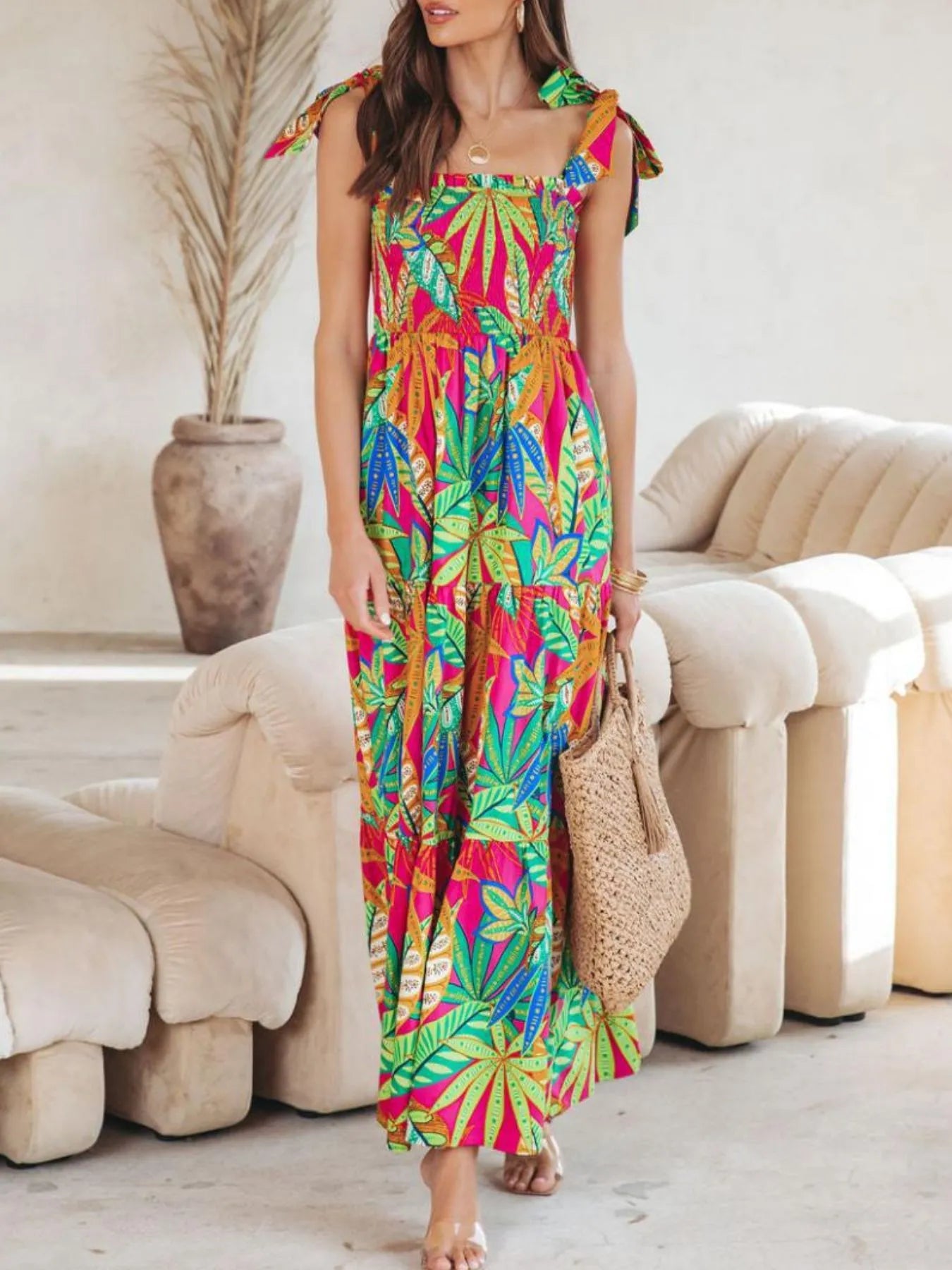 Tropical Print Tie Shoulder Maxi Dress OutfitFlow