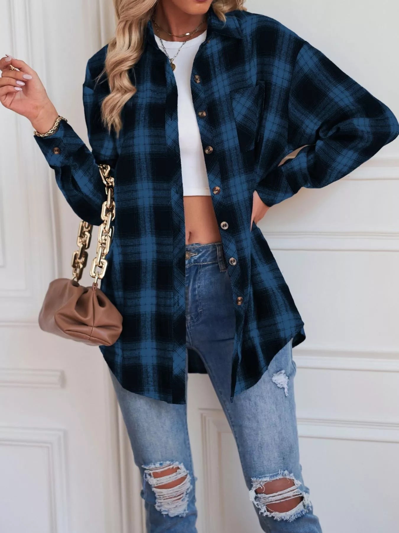 Casual Plaid Button Up Shirt Dark Blue Trendsi