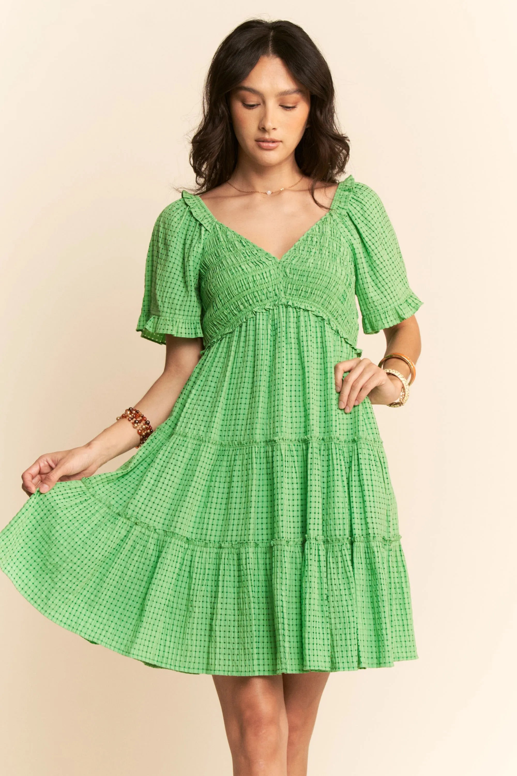 Davi & Dani Jacquard Checker Smocking Tiered Dress OutfitFlow