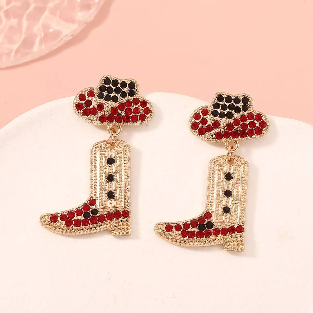 Rhinestone Cowboy Boot Dangle Earrings Red onesize OutfitFlow