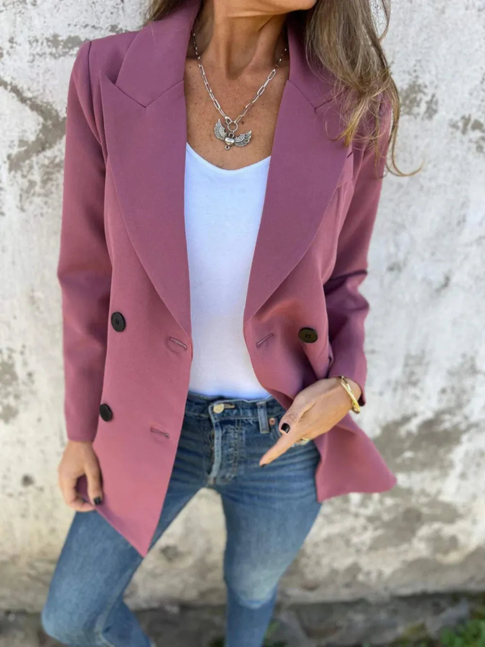 Full Size Collared Neck Long Sleeve Blazer Dusty Pink Trendsi