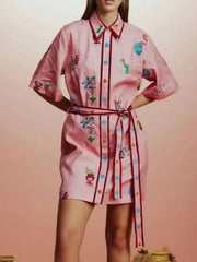 Printed Tie Waist Half Sleeve Shirt Dress OutfitFlow