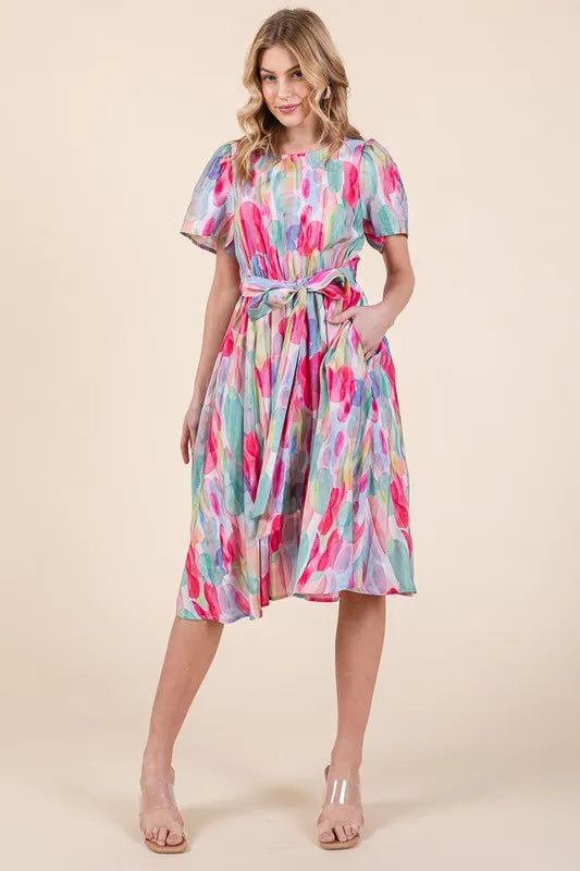 Lime 'N' Chili Watercolor Print Tie Front Midi Dress OutfitFlow