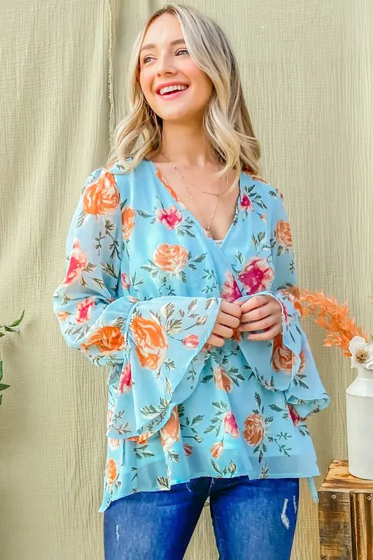 And The Why Floral Print Draw String Bell Sleeve Top OutfitFlow