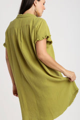 Umgee Full Size Raw Hem Button Down Short Sleeve Gauze Shirt Dress Plus Size OutfitFlow