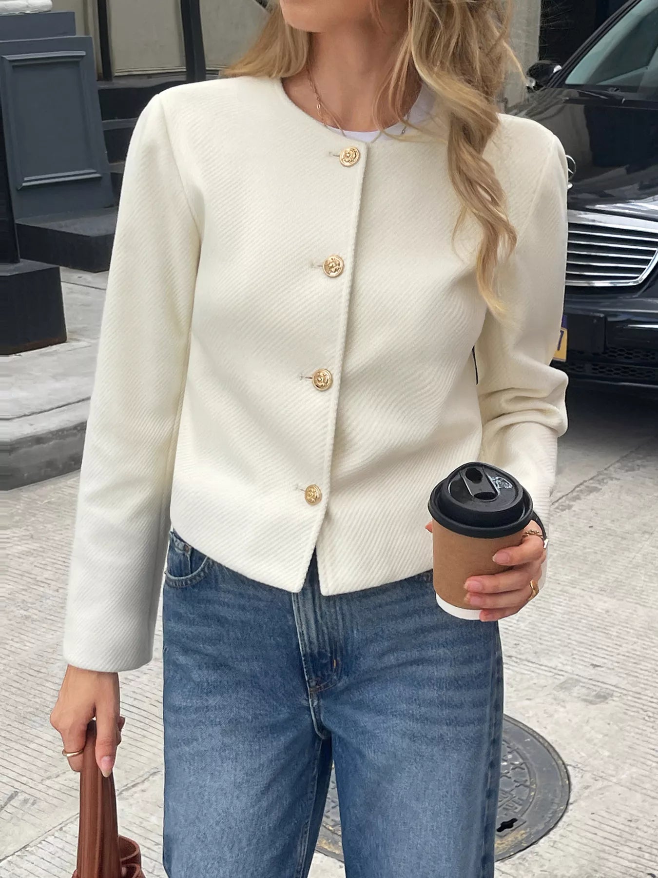 Textured Button-Down Cropped Jacket OutfitFlow