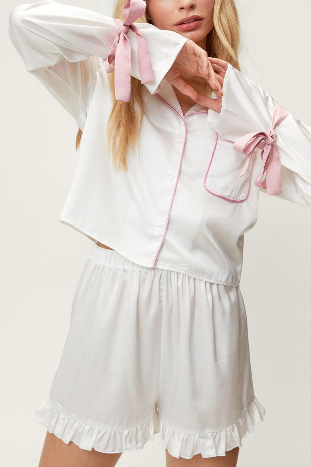 Outfit Flow - Basic Bae Tied Cuff Collared Neck Top and Frill Shorts Lounge Set