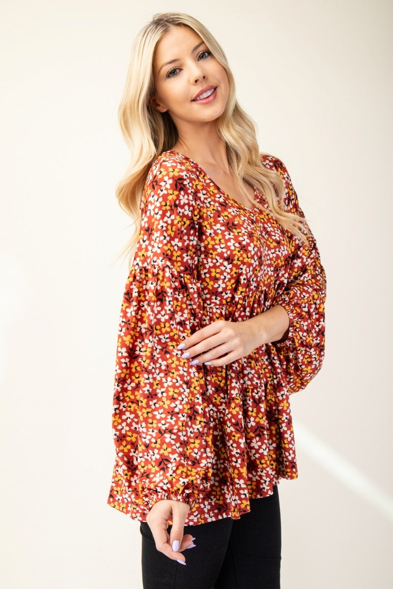 Outfit Flow - Celeste Full Size Floral V-Neck Balloon Sleeve Blouse