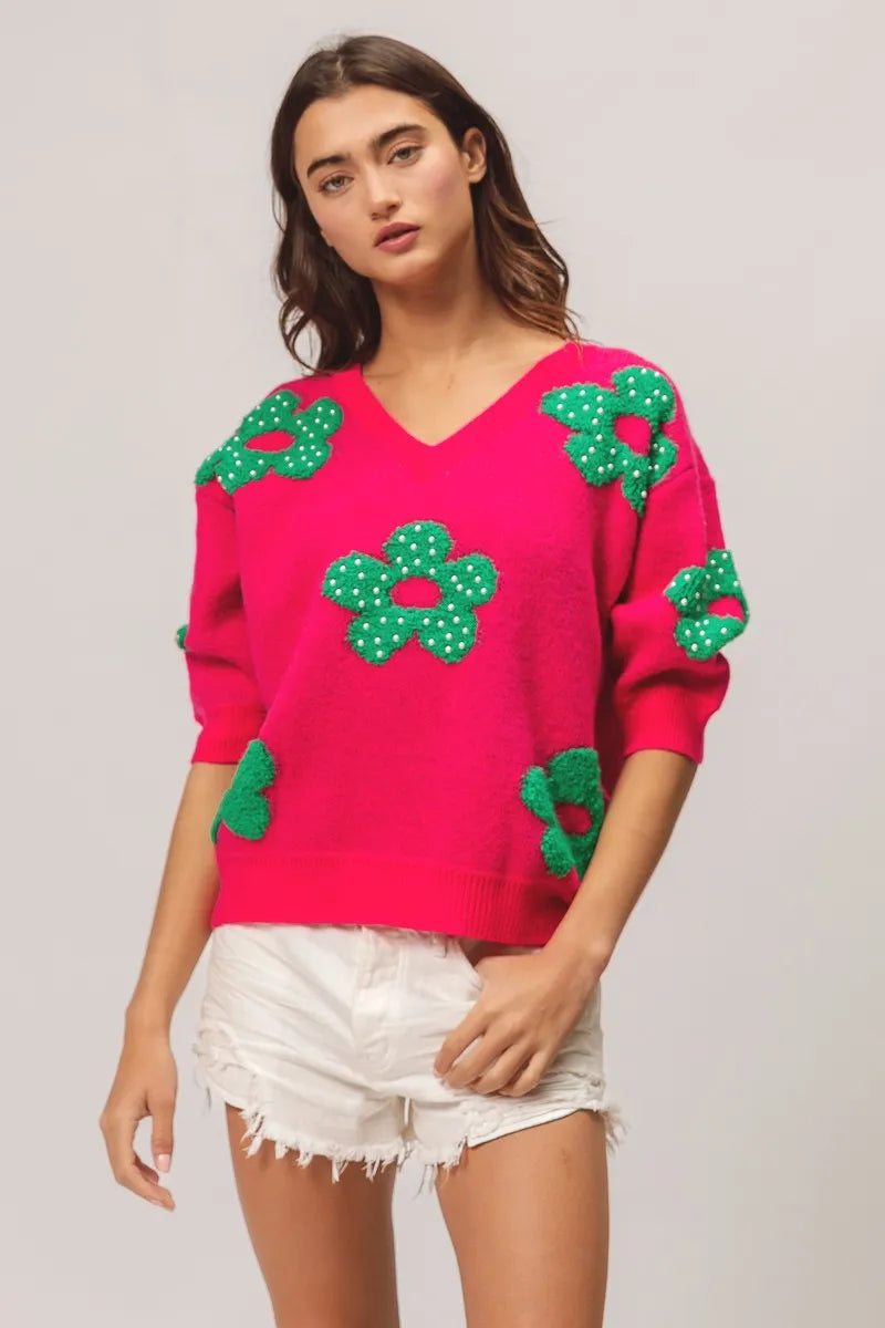 BiBi Pearl Beads Flowers Sweater Top OutfitFlow