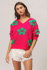 BiBi Pearl Beads Flowers Sweater Top OutfitFlow