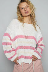 POL Striped Openwork Round Neck Knit Top Trendsi