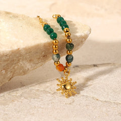 Bohemian Sun Charm Beaded Stainless Steel Necklace OutfitFlow