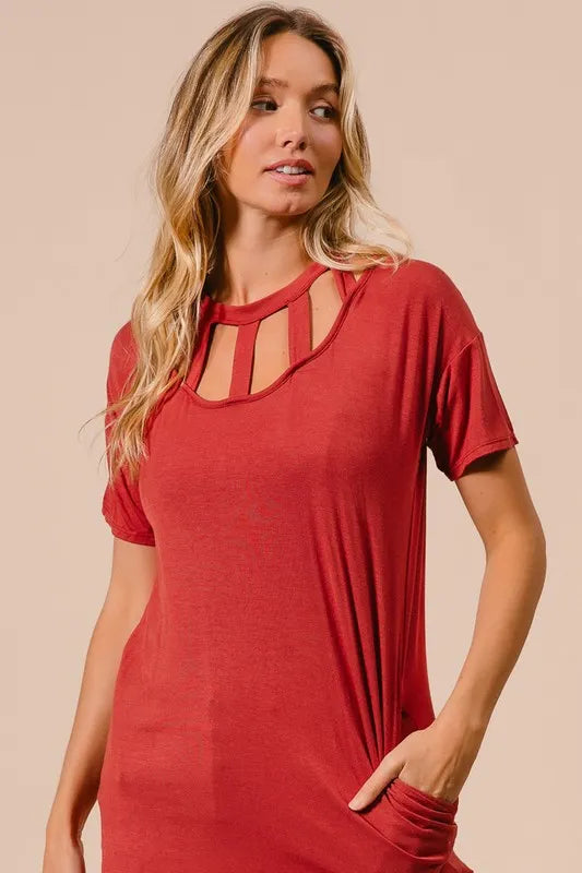BiBi Front Cutout Mini Tee Dress with Pockets OutfitFlow