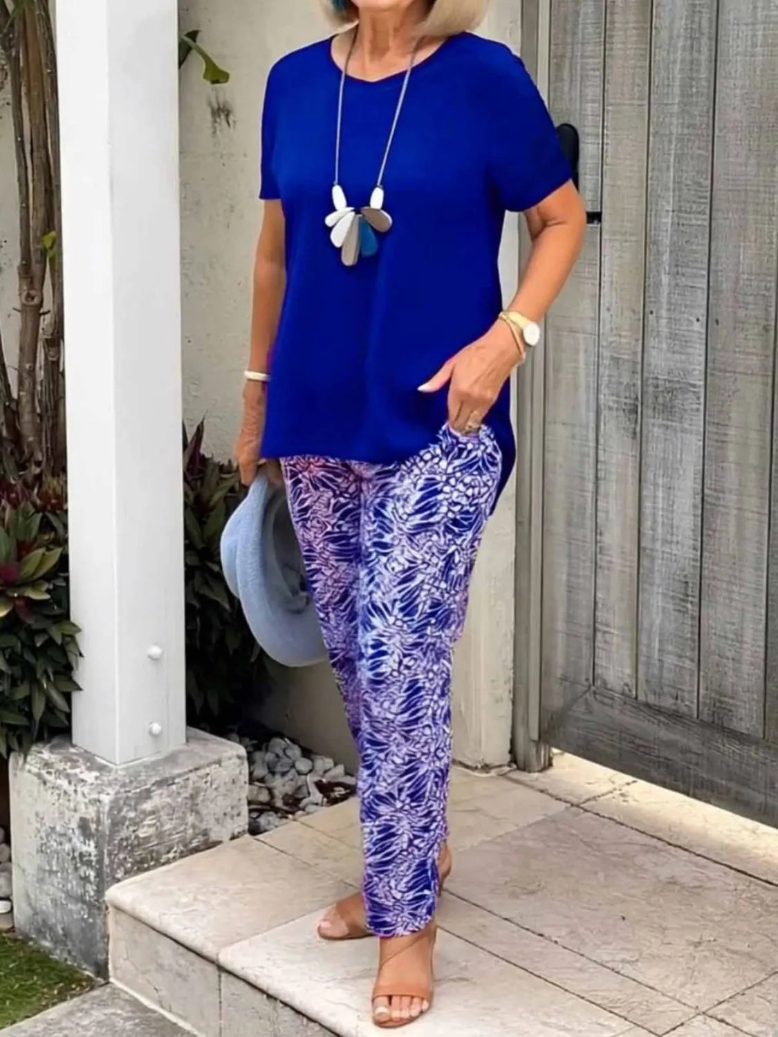 Full Size Round Neck Short Sleeve Top and Pants Set Plus Size OutfitFlow