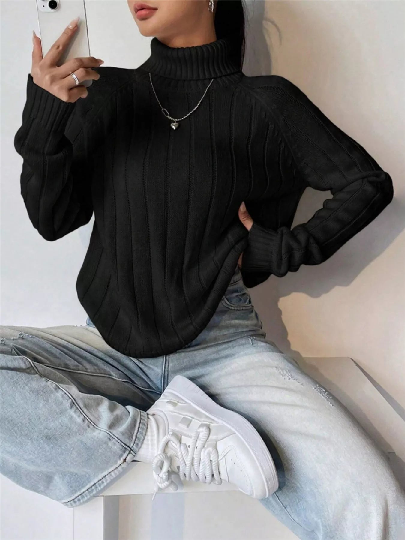 Ribbed Turtleneck Long Sleeve Sweater Black OutfitFlow