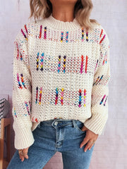 Colorful Round Neck Long Sleeve Sweater OutfitFlow