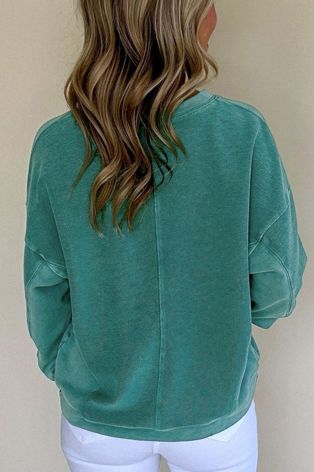 Notched Drop Shoulder Long Sleeve Sweatshirt OutfitFlow