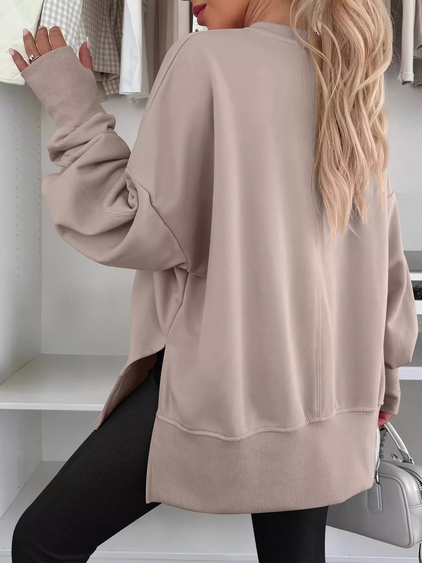 Side Slit Round Neck Long Sleeve Sweatshirt OutfitFlow