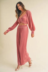 MABLE Front Twisted Long Sleeve Top and Pants Set OutfitFlow
