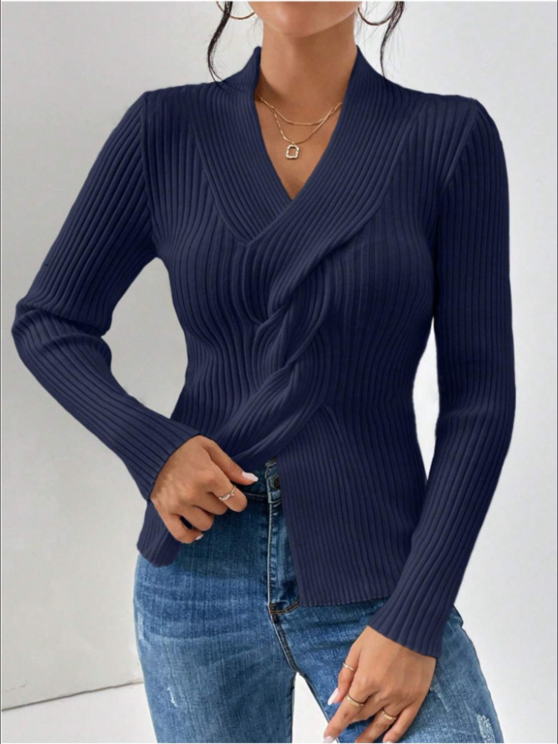 Outfit Flow - Twist Front Ribbed Long Sleeve Sweater