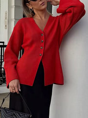 V-Neck Button-Down Knit Cardigan Red OutfitFlow