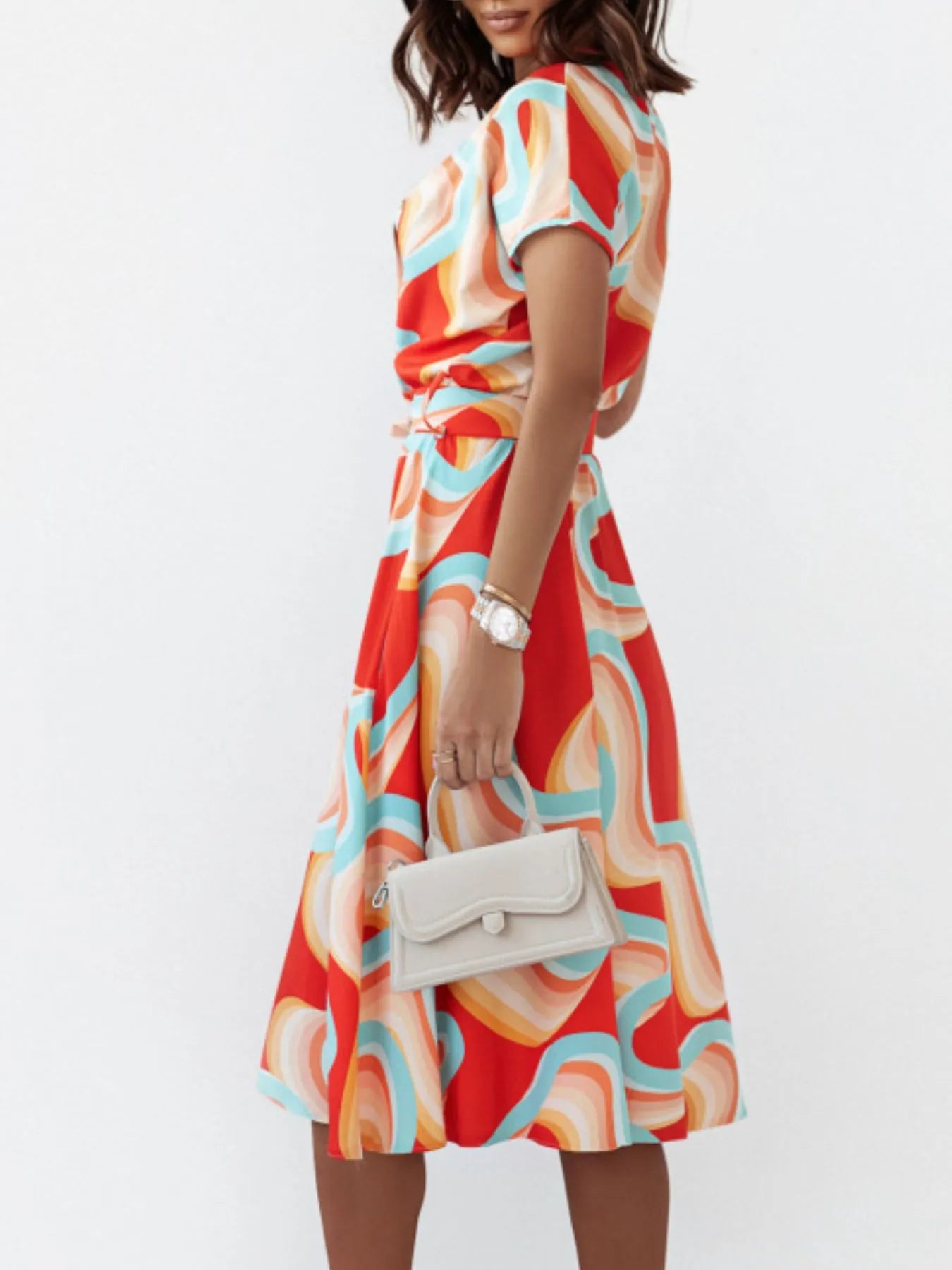 Printed Button Front Midi Dress with Belt OutfitFlow