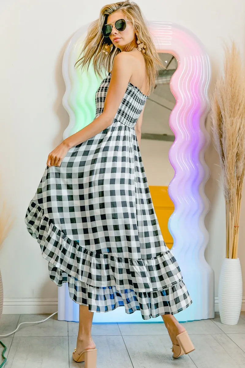 BiBi Smocked Body Off Shoulder Check Dress OutfitFlow