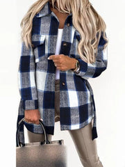 Button Up Long Sleeve Plaid Outerwear Dark Blue Trendsi