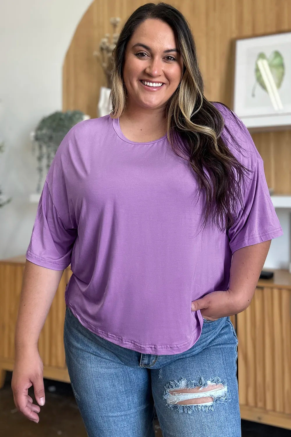 Basic Bae Bamboo Full Size Round Neck Drop Shoulder T-Shirt OutfitFlow