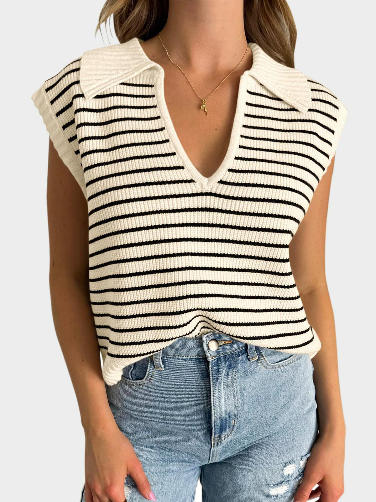 Outfit Flow - Mandy Collared Neck Striped Sweater Vest