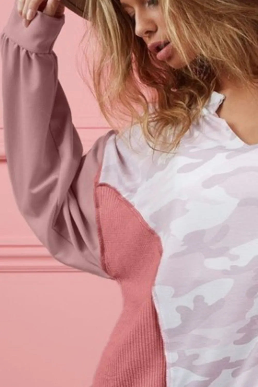 BiBi Camo Printed French Terry Knit Color Block Top OutfitFlow