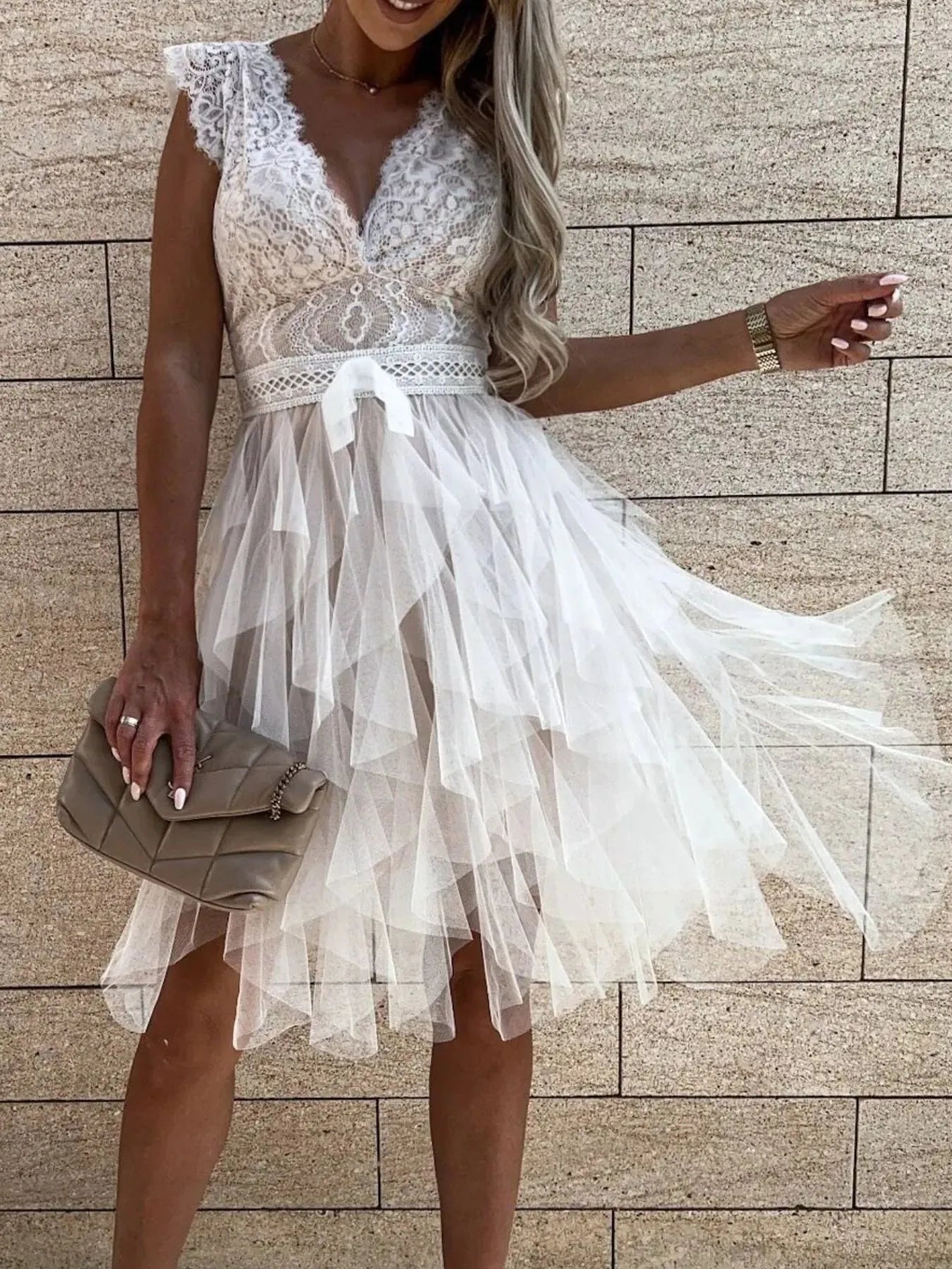 Lace V-Neck Ruffle Dress OutfitFlow