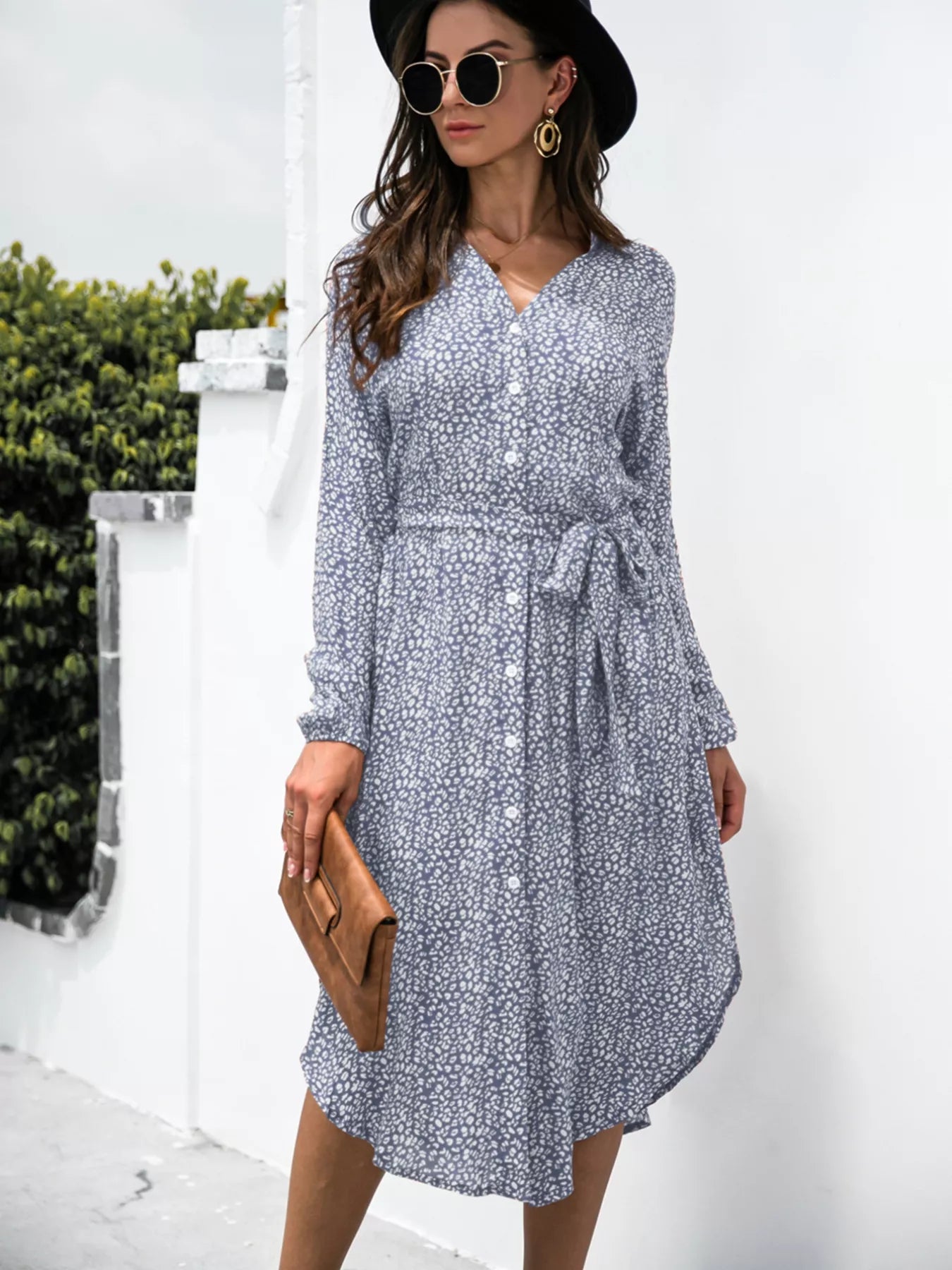 Button Down Printed Long Sleeve Shirt Dress OutfitFlow