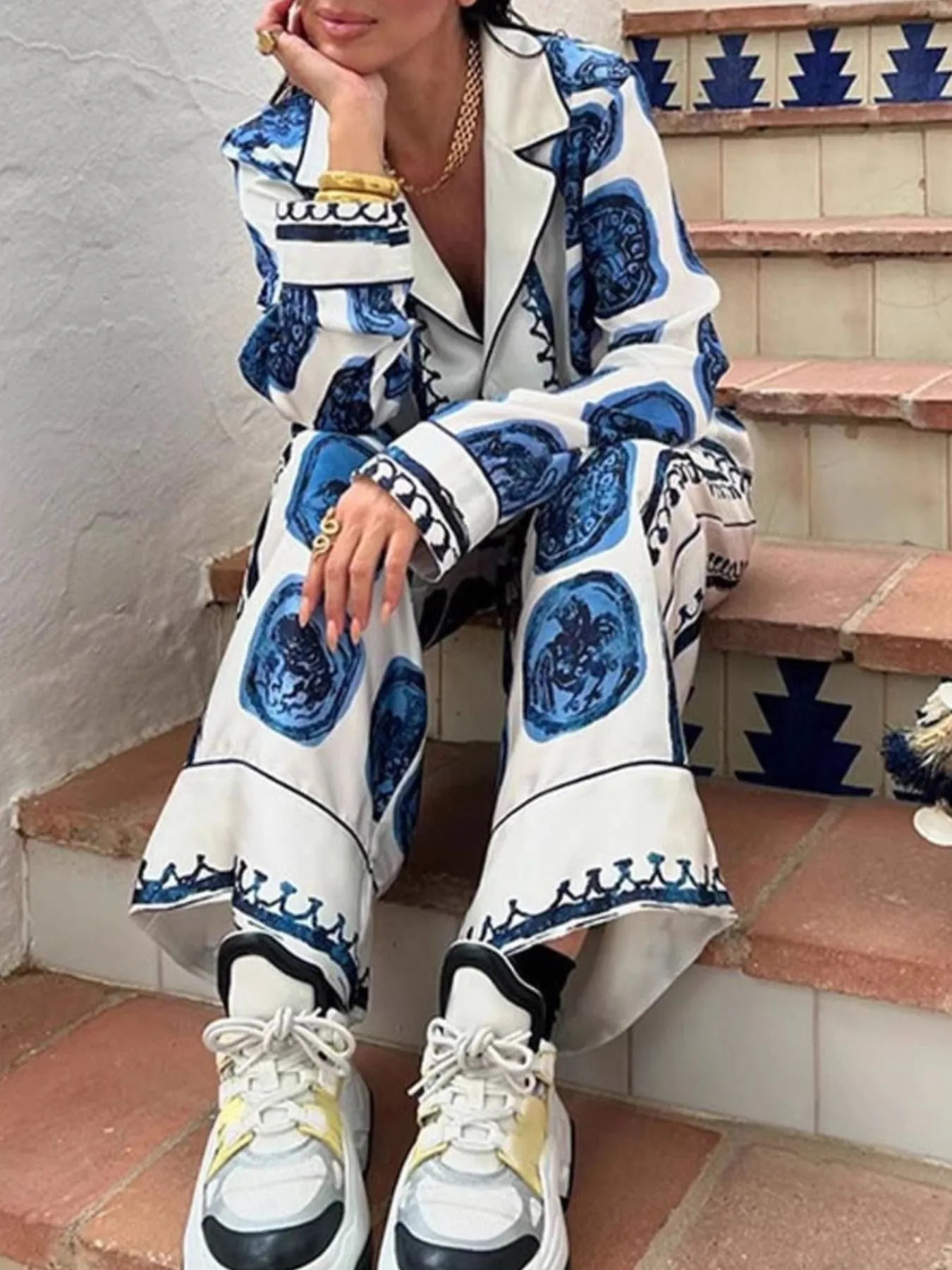 Printed Button Up Shirt and Pants Set OutfitFlow