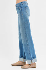 RISEN Full Size Elastic Band Mid Rise Wide Front Patch Pocket Cuff Jeans Plus Size OutfitFlow