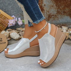 Peep Toe Wedge Sandals Silver OutfitFlow