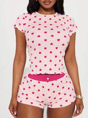 Heart Print Top and Shorts Loungewear Set Pink OutfitFlow